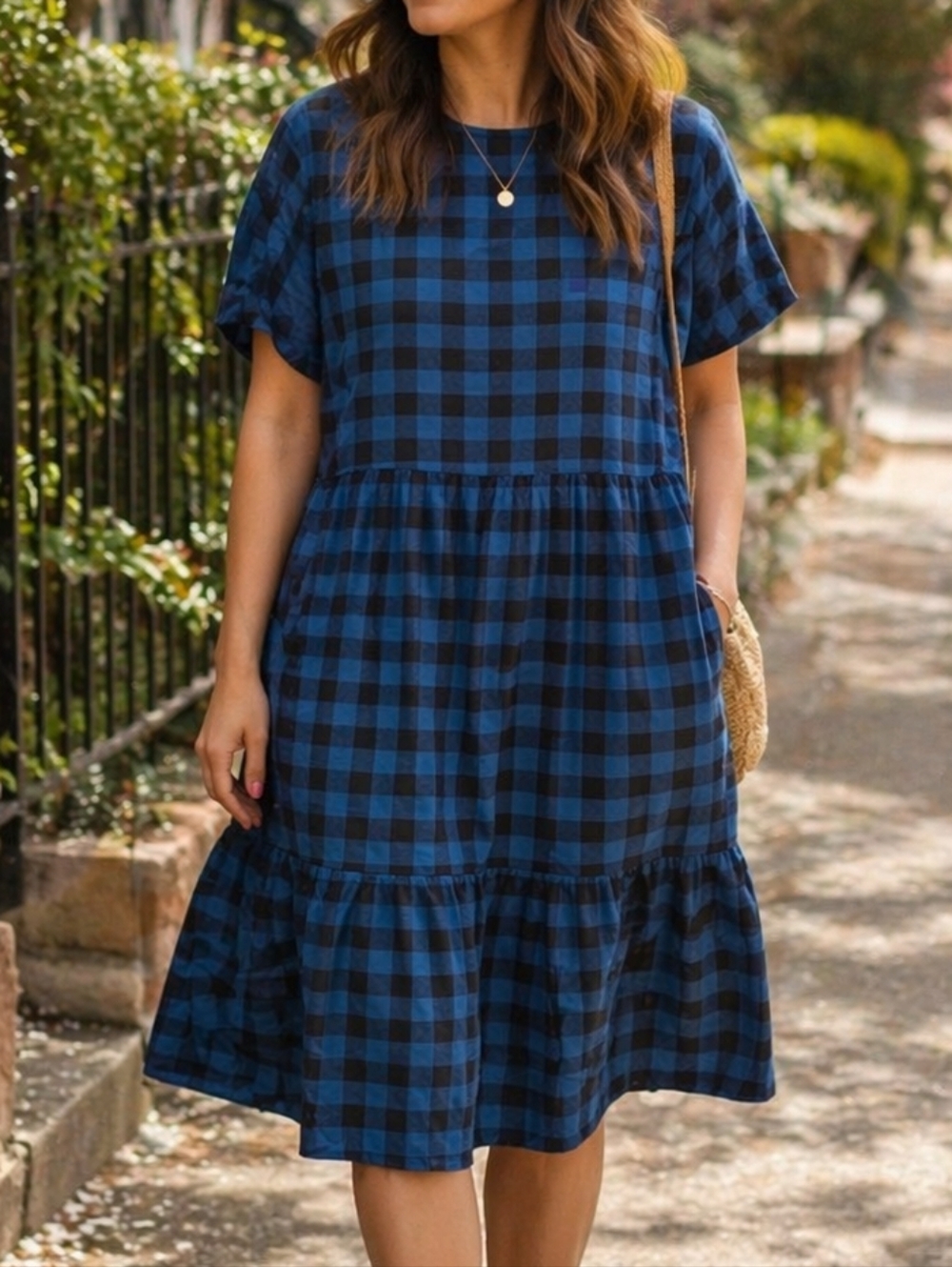 NWT Enkay Blue Black Gingham Plaid Dress Cottagecore Babydoll Tiered Mini
